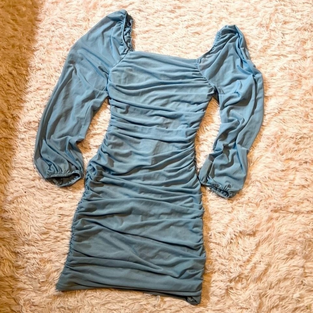 Baby Blue Bodycon Ruched Mesh Fairy Core Y2K Mesh Dress Womens S Whimsical Sexy